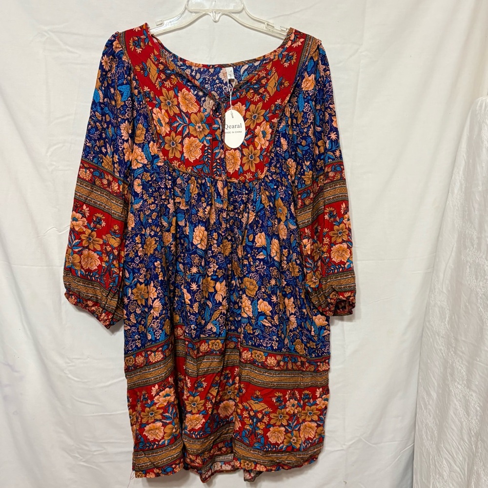 NWT Colorful floral print, boho-style babydoll mini dress.